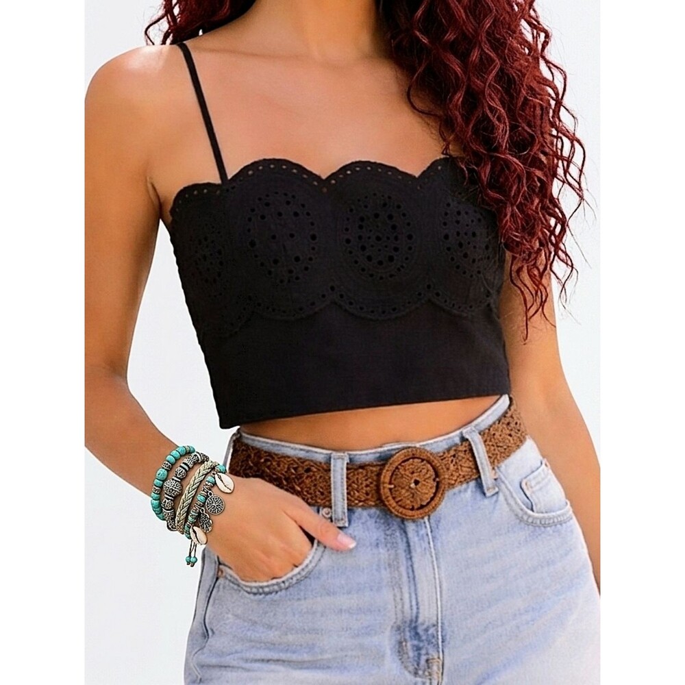Sigrid Olsen Linen Crop Top Artisan Crafted Eyelet Scalloped Black L Smock Back